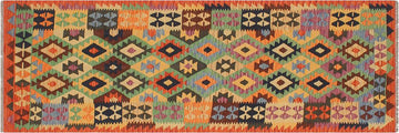 Flat Weave Kilim, Antique, Navaho, Vintage, Handmade, Geometric Kilim Blue Rust Hand-Woven Runner 100% Wool Area Rug 3 x 9